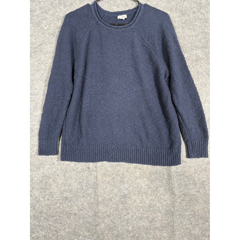 L L Bean Women Navy Blue Textured Knit Cotton Crew Neck Sweater Size L